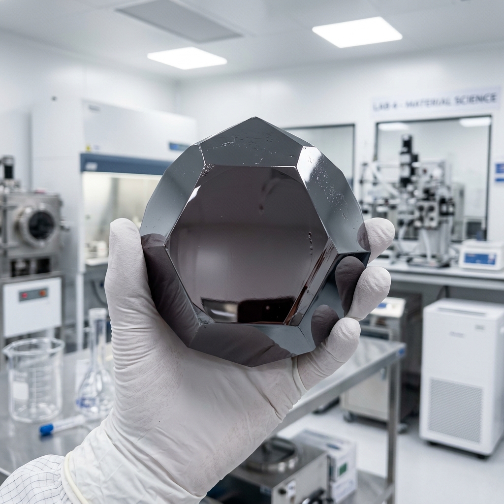 CdTe semiconductor crystal boule held in gloved hands